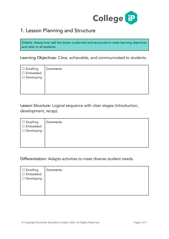 First page of College Lesson Observation Template